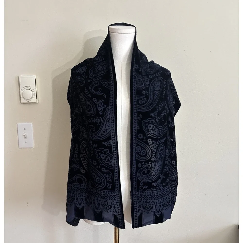 Vintage Whimsigoth Burnout Velvet Scarf Shawl SILK Midnight Cobalt Blue Witchy
